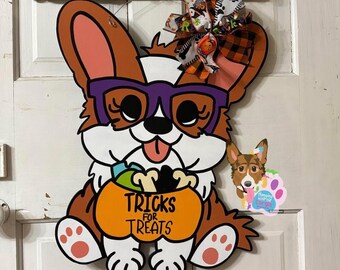 Corgi Halloween Door Hanger, Corgi Art, Corgi Door Decor, Dog Halloween Sign, Corgi Fall Sign, Corgi Witch, Corgi Wreath, Corgi Gift for Her