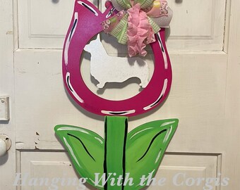 Corgi Door Hanger, Tulip Decor, Front Porch Decor, Corgi Painting, Corgi Gift, Corgi Wreath, Pembroke Corgi Art, Corgi Sign, Spring Flower