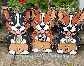 Colgador de puerta de Corgi, Letrero intercambiable, Corona de Corgi, Letrero de Corgi, Obra de arte de Corgi, Regalo de Corgi para ella, Decoración del hogar de Corgi, Halloween de Corgi