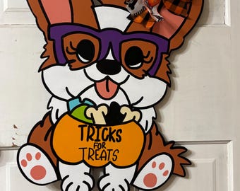 Corgi Halloween Door Hanger, Corgi Art, Corgi Door Decor, Dog Halloween Sign, Corgi Fall Sign, Corgi Witch, Corgi Wreath, Corgi Gift for Her