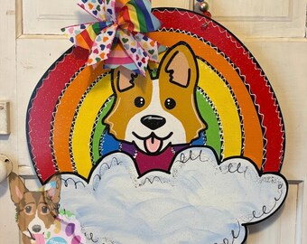 Corgi Rainbow Door Hanger, Corgi Door Decor, Corgi Wreath, Corgi Sign, Dog Door Hanger, Dog Wreath, Corgi Gift, Pembroke Corgi Art