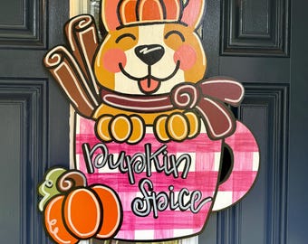 Handmade Corgi Fall Door Hanger, Pumpkin Spice Mug Decor