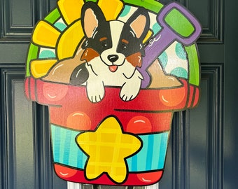 Corgi Summer Beach Door Hanger, Dog Door Decor, Corgi Outdoor Decor, Corgi Wreath, Corgi Artwork, Corgi Gift for Corgi Lover