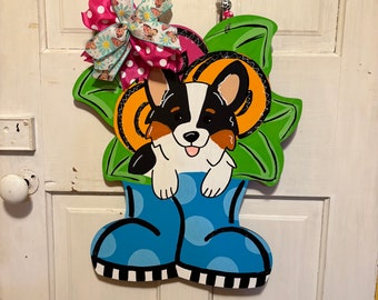 Corgi Door Hanger, Dog Door Decor, Corgi Outdoor Decor, Corgi Wreath, Corgi Artwork, Corgi Gift for Corgi Lover