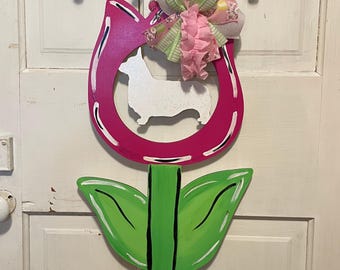 Corgi Door Hanger, Tulip Decor, Front Porch Decor, Corgi Painting, Corgi Gift, Corgi Wreath, Pembroke Corgi Art, Corgi Sign, Spring Flower