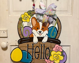 Corgi Easter Door Hanger, Corgi Wreath, Corgi Decor, Corgi Art, Pembroke Welsh Corgi, Cardigan Corgi, Dog Spring Decor, Dog Door Hanger