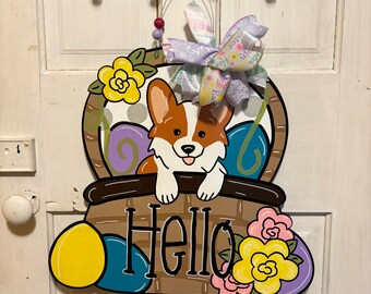 Corgi Easter Door Hanger, Corgi Wreath, Corgi Decor, Corgi Art, Pembroke Welsh Corgi, Cardigan Corgi, Dog Spring Decor, Dog Door Hanger