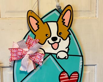 Corgi Valentine Door Hanger, Corgi Valentine Sign, Corgi Art, Dog Valentine, Dog Porch Sign, Dog Door Hanger, Corgi Wreath, Corgi Home Decor