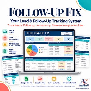 May include: A digital lead and follow-up tracking system displayed on a laptop screen, featuring a dashboard with a pie chart, lead tracker table, and follow-up schedule. The interface includes text labels like Follow-Up Fix, Lead & Follow-Up Tracking System, and various data points for managing business contacts and sales opportunities.