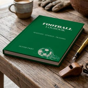 May include: A dark green hardcover notebook with white text that reads FOOTBALL LOGBOOK, MATCHES - STATICS - TRANNIG, and OLIVER TWIST. The cover features a white line drawing of a soccer ball with motion lines and a soccer net graphic.