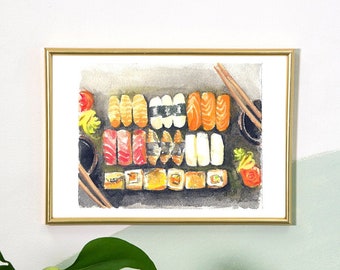 Sushi Wall Art Print, Original Watercolor Painting Print, Kitchen Print, Food Lovers, Japanese Food Art, Seafood Illustration, Chinese Food