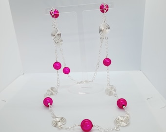 Handmade Long Silver Spiral Necklace, Hot Pink Bead Necklace, Bright Pink Necklace