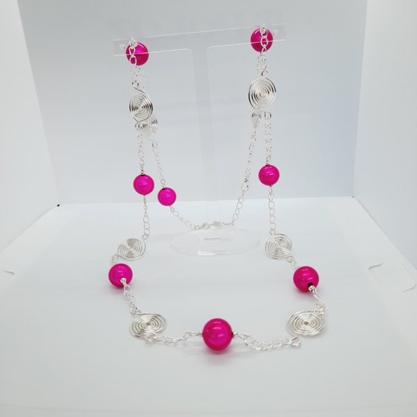 Handmade Long Silver Spiral Necklace, Hot Pink Bead Necklace, Bright Pink Necklace