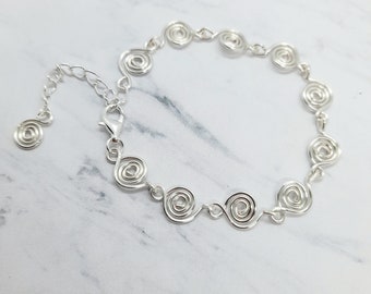 Handmade Silver Spiral Bracelet, Dainty Silver Bracelet, Adjustable Silver Bracelet