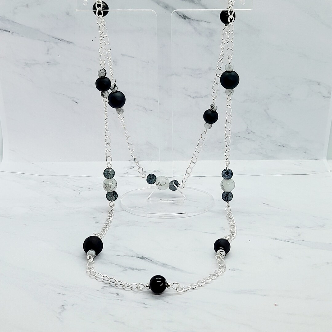 Long Black Bead Necklace Black and White Bead Necklace Etsy UK