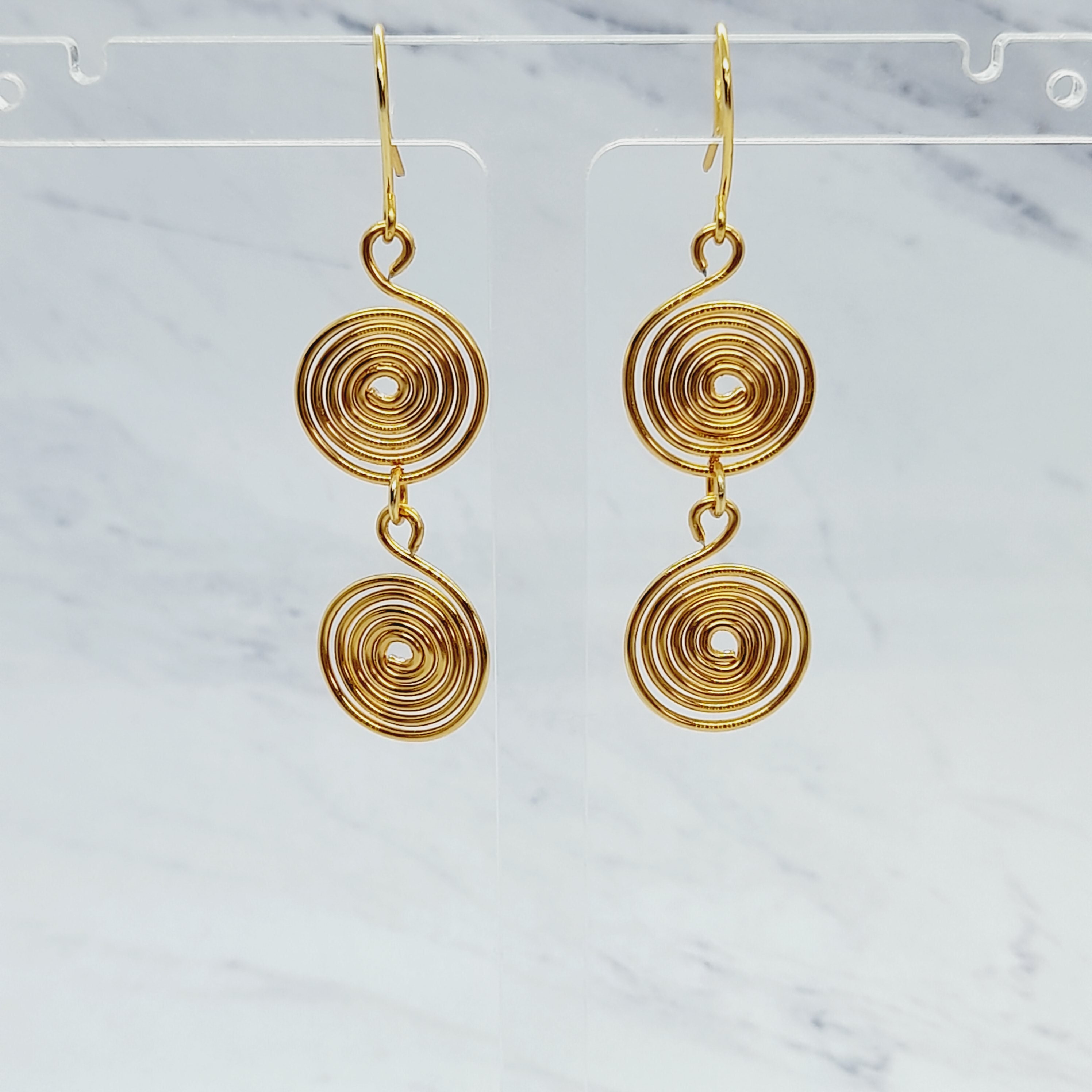 Gold Double Circles Top 14k Gold Plated Spiral Earrings Minimalist Geometric Round Tube Hand Crafted Spiral Dangle Drop Earrings Women Statement Jewe