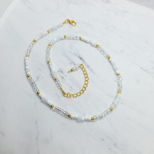 Gold and White Necklace, White Seed Bead Necklace, White Bead Necklace