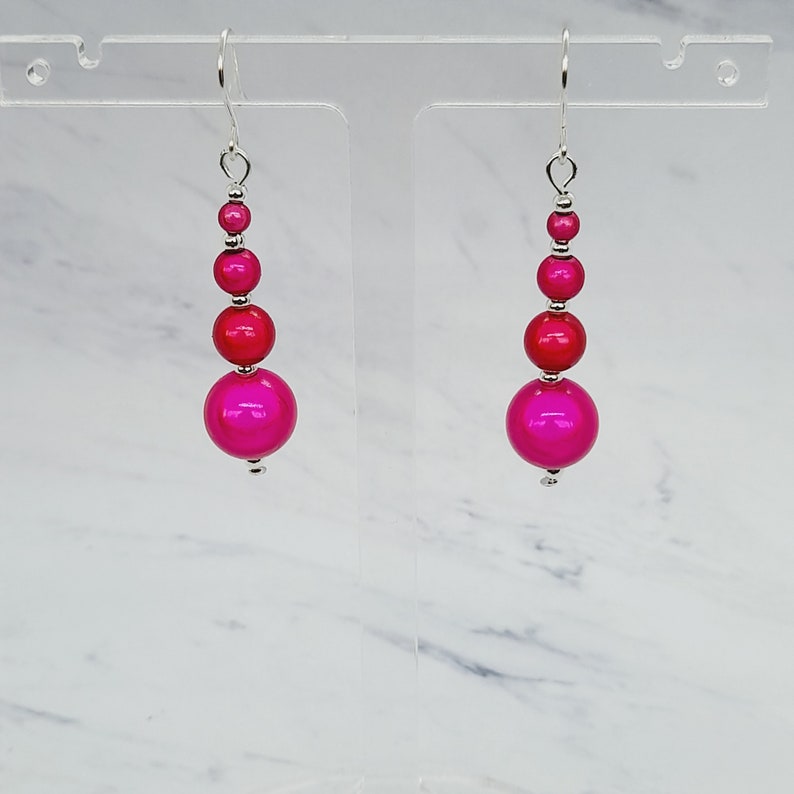 Hot Pink Bead Earrings, Handmade Bright Pink Earrings, Magenta Drop Earrings image 2