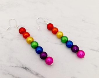 Rainbow Long Drop Bead Earrings, Multicoloured Drop Earrings