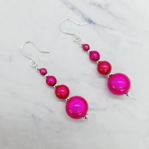 Hot Pink Bead Earrings, Handmade Bright Pink Earrings, Magenta Drop Earrings image 1
