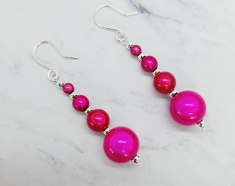 Hot Pink Bead Earrings, Handmade Bright Pink Earrings, Magenta Drop Earrings