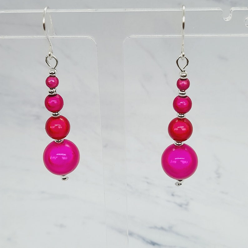 Hot Pink Bead Earrings, Handmade Bright Pink Earrings, Magenta Drop Earrings image 3