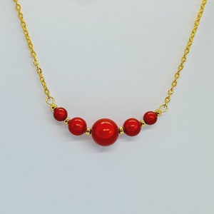 Red and Gold Necklace, Bright Red Necklace, Handmade Red Beaded Necklace