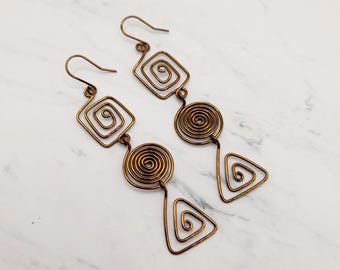 Antique Bronze Long Spiral Earrings, Handmade Antique Bronze Triple Spiral Dangly Earrings, Long Antique Bronze Drop Earrings