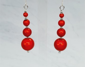 Red Bead Earrings, Handmade Bright Red Earrings, Red Drop Earrings