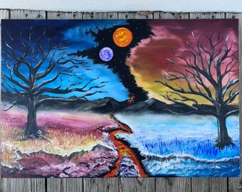 Volcanic Rift 24x36 Acrylic Landscape Painting Boxcar Swifty Apocalyptic Psychedelic Landscape Free Shipping!