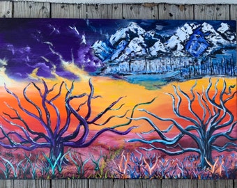 Changing Perspectives 24x36 Acrylic Landscape Painting Boxcar Swifty Apocalyptic Psychedelic Landscape Free Shipping!