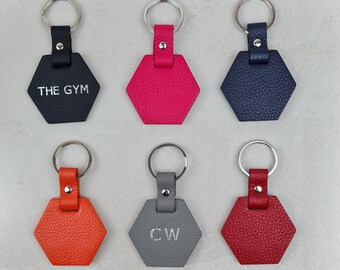Personalised Leather Hexagon Keyring | Fob Keyring, Genuine Leather, Initials, Monogram Gift for Birthday, Wedding, Anniversary, New Job