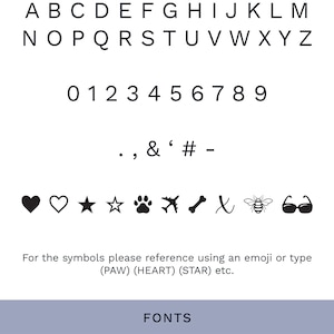 May include: A chart showing the characters, numbers, and symbols available for personalization. The fonts Verdana and Times New Roman are shown with the letters A, B, C, 1, 2, and 3.