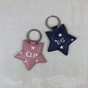 Personalised Star Print Leather Star Keyring | Genuine Leather Key Fob, Initials, Monogram, Birthday, Wedding, Valentine, Anniversary Gift
