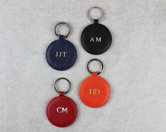 Personalised Textured Nappa Leather Round Keyring | Fob for Bag or Keys, Genuine Leather, Monogram, Birthday, Valentine, Anniversary Gift