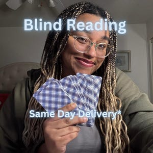 May include: A person with long blonde braids is holding a stack of playing cards. The cards are blue and white with a plaid pattern. The text "Blind Reading Same Day Delivery*" is visible in the image.