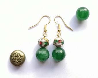 Boucles d'oreilles pendantes avec breloques en jade vert et émail, pierres précieuses naturelles, pierre de naissance de mars