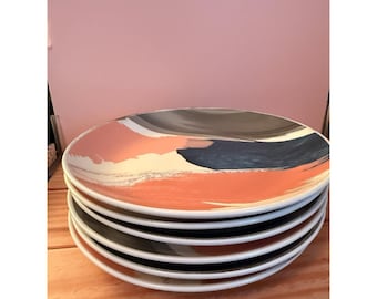 West Elm Set of 6 Abstract Plates 9" Modern Brushstroke Dinnerware