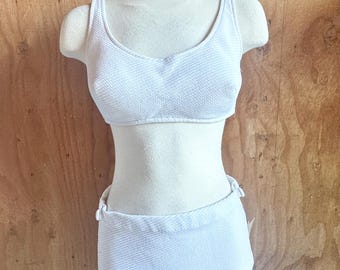 Late 1950s Roxanne Perfection Fit White Bikini Set | ILGWU ZP-85 Union Made Swimsuit | Textured Knit Two Piece 14
