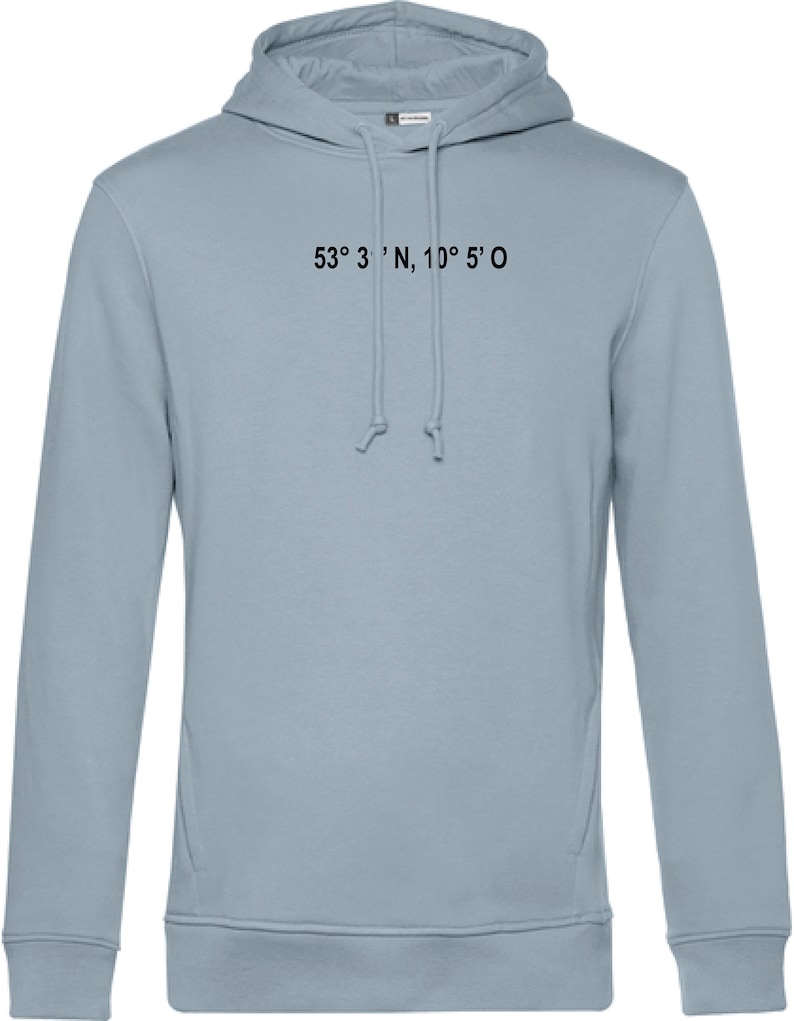 Hoodie Herren, Koordinaten Stick schwarz, personalisiert, Herren-Sweat Hoodie bestickt Blau