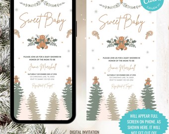 May include: A digital invitation for a baby shower with a winter theme. The invitation features a gingerbread man, pine trees, and the text "Sweet Baby".
