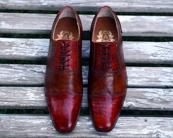 Red Wine Patina Croc Emboss Brogue Oxford