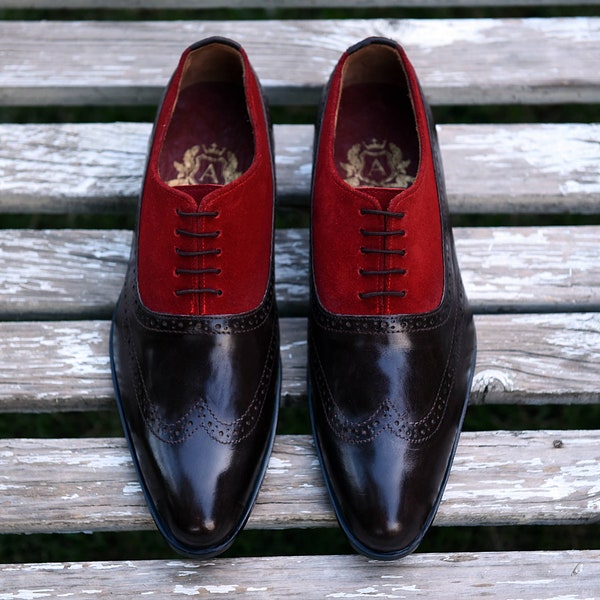 Handmade Black Long Wing Quarter Brogue Oxford With Red Suede