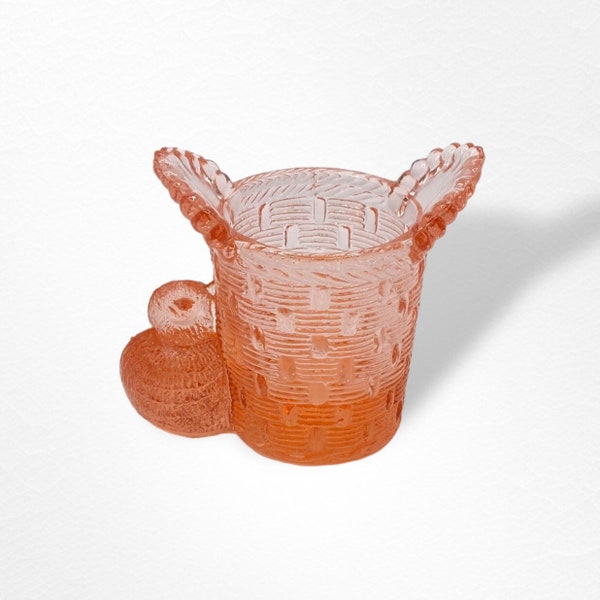 Pink Depression Style Glass Bird with Basket Toothpick Holder Cup, Marked - Vintage, Farmhouse, Retro Home Decor, Kitchen Decor, Bowl, Vase