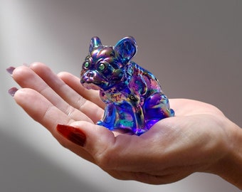 Cobalt Blue Carnival Glass Bulldog, Green Vaseline Uranium Glass Eyes, RARE - Westmoreland, Depression Style Glass, Art Glass, UV Blacklight