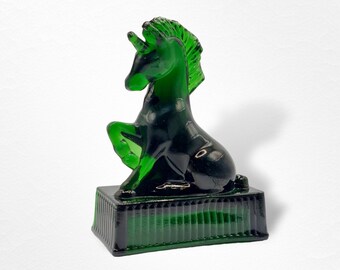 Green Depression Style Glass Unicorn Figurine on Stand - Vintage Style, Art Deco, Farmhouse, Statue, Retro Home Decor, Bookend, Doorstop