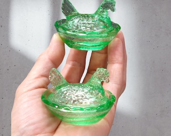 2 Green Depression Style Glass Hen on Nest Chicken Salt Cellar Dip Dish, Vintage Style Farmhouse Decor, Covered Dish, Bowl with Lid, Rooster
