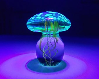 Uranium Vaseline Glass Art Glass Mushroom Paperweight; Signed, Aqua Cap - Vintage Style, Retro Home Decor, Hand Made, Figurine, Retro