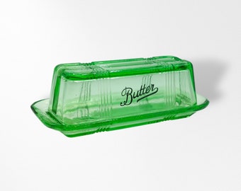 Green Depression Style Glass Covered Butter Dish - Vintage, Farmhouse, Butter Keeper, Retro Home Decor, Kitchenware, Refrigerator Dish, Bowl