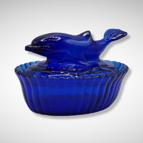 Vintage Cobalt Blue Depression Style Glass Dolphin Covered Candy Dish w/ Lid - Cookie Jar, Art Deco, Vanity Trinket Box, Farmhouse Decor